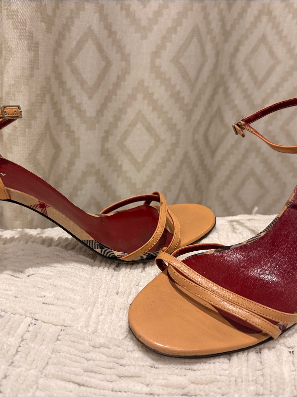 Burberry Red and Tan Leather Strappy Heels with Check Wedge